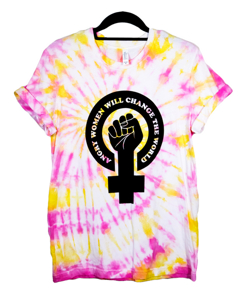 Angry Women Will Change The World Pink & Yellow Tie Dye Shirt with black lettering #AngryWomenWillChangeTheWorld
