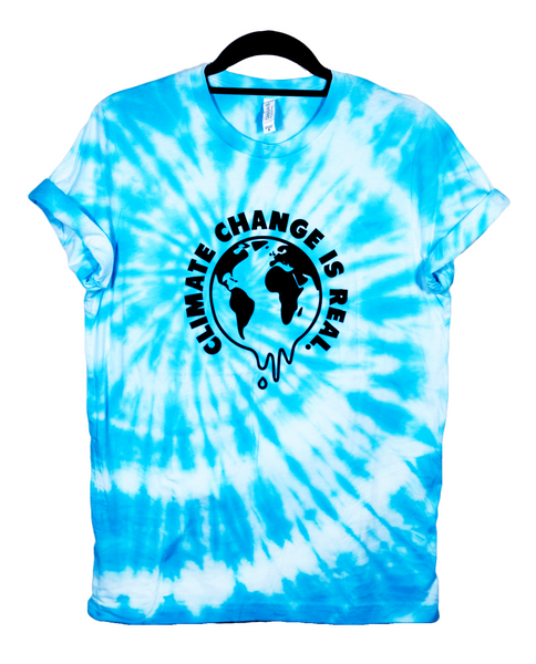 Climate Change Is Real Blue Tie Dye Shirt with Black lettering #ClimateChangeIsReal