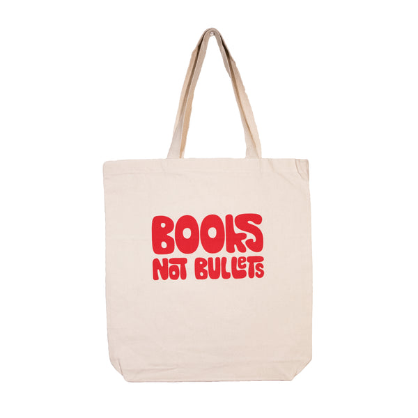 Books Not Bullets Tan Canvas Tote Bag with Red Lettering #BooksNotBullets
