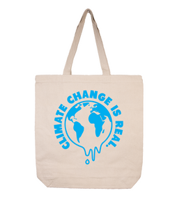 Climate Change Is Real Tan Canvas Tote Bag with Light Blue lettering #ClimateChangeIsReal