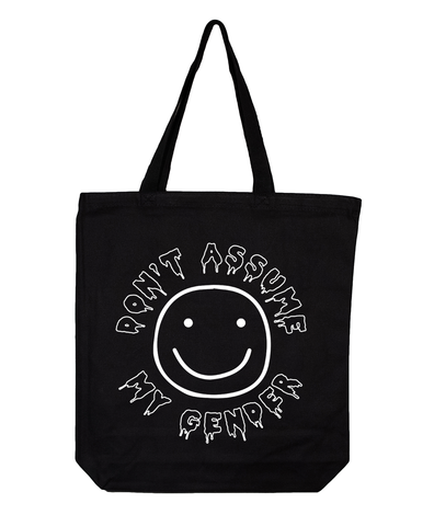 Don't Assume My Gender Black Canvas Tote with White Lettering #DontAssumeMyGender #BeyondTheBinary