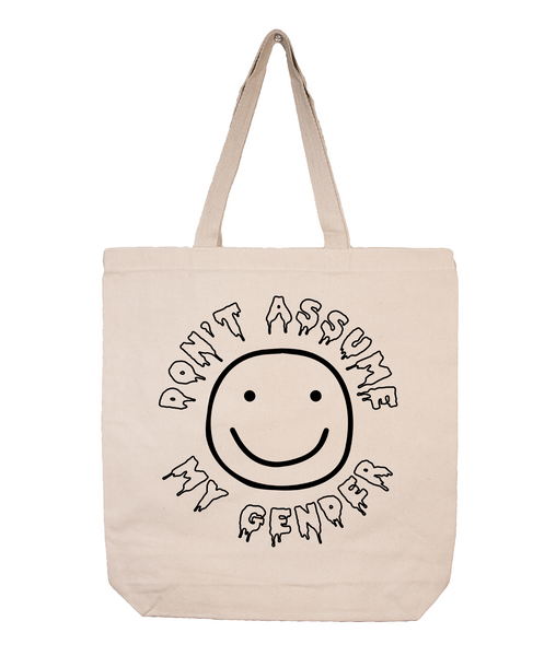 Don't Assume My Gender Tan Canvas Tote with Black Lettering #DontAssumeMyGender #BeyondTheBinary