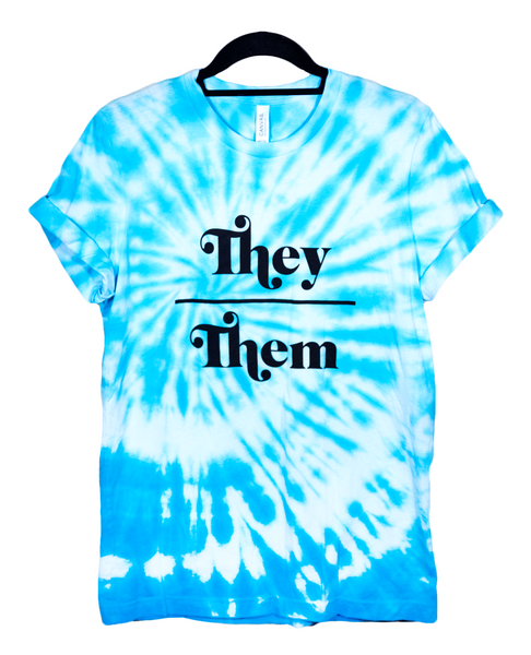 They/Them Pronouns Blue Tie Dye Shirt with Black Lettering #BeyondTheBinary