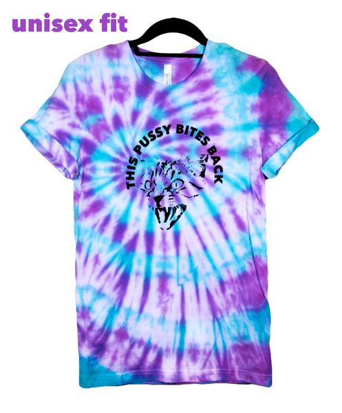 The Pussy Bites Back purple and teal tie dye Shirt unisex cut with Black Lettering #thispussybitesback